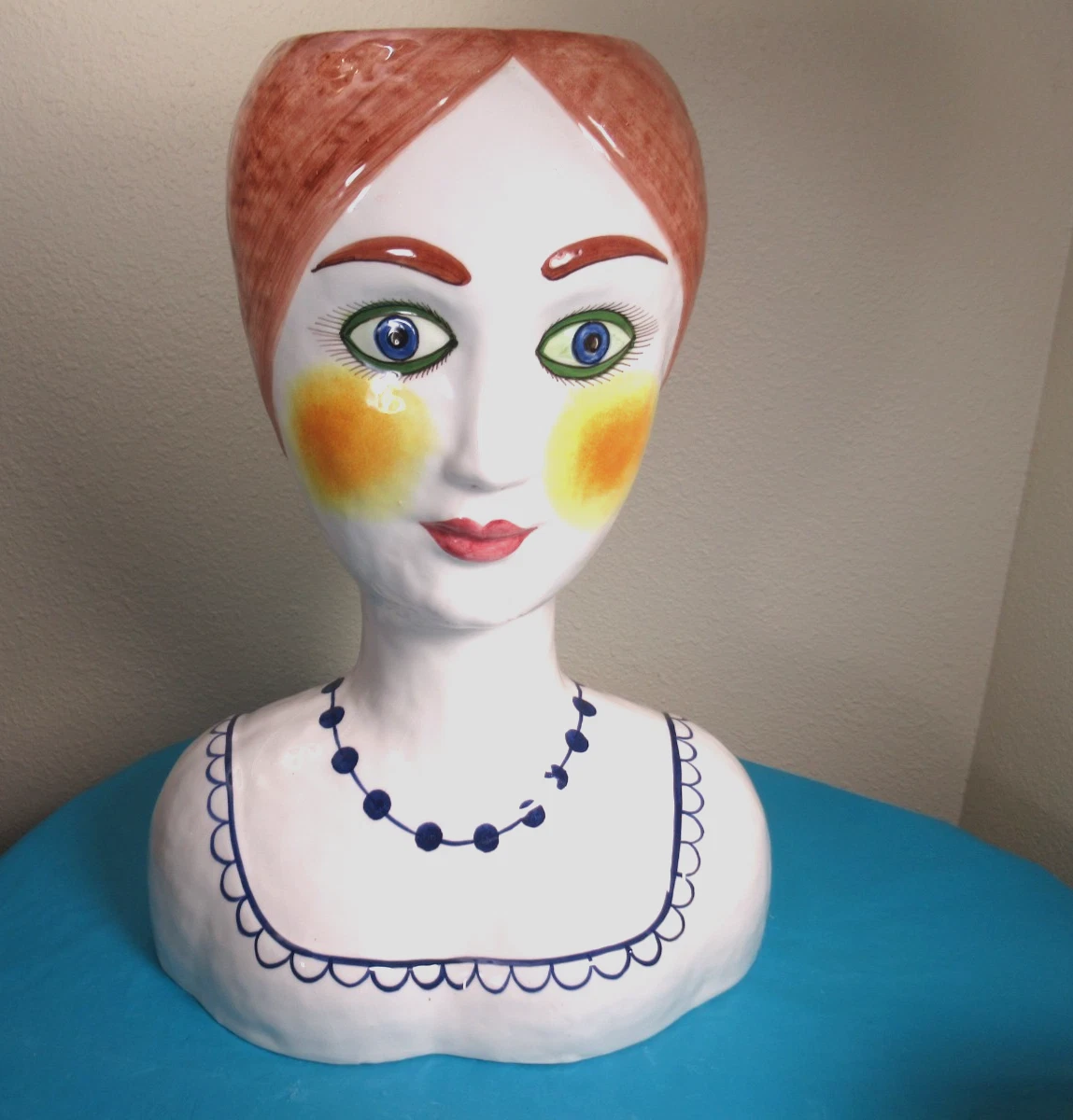 Large Horchow Female Head Vase Pottery Vintage Woman Planter Hand Painted Italy