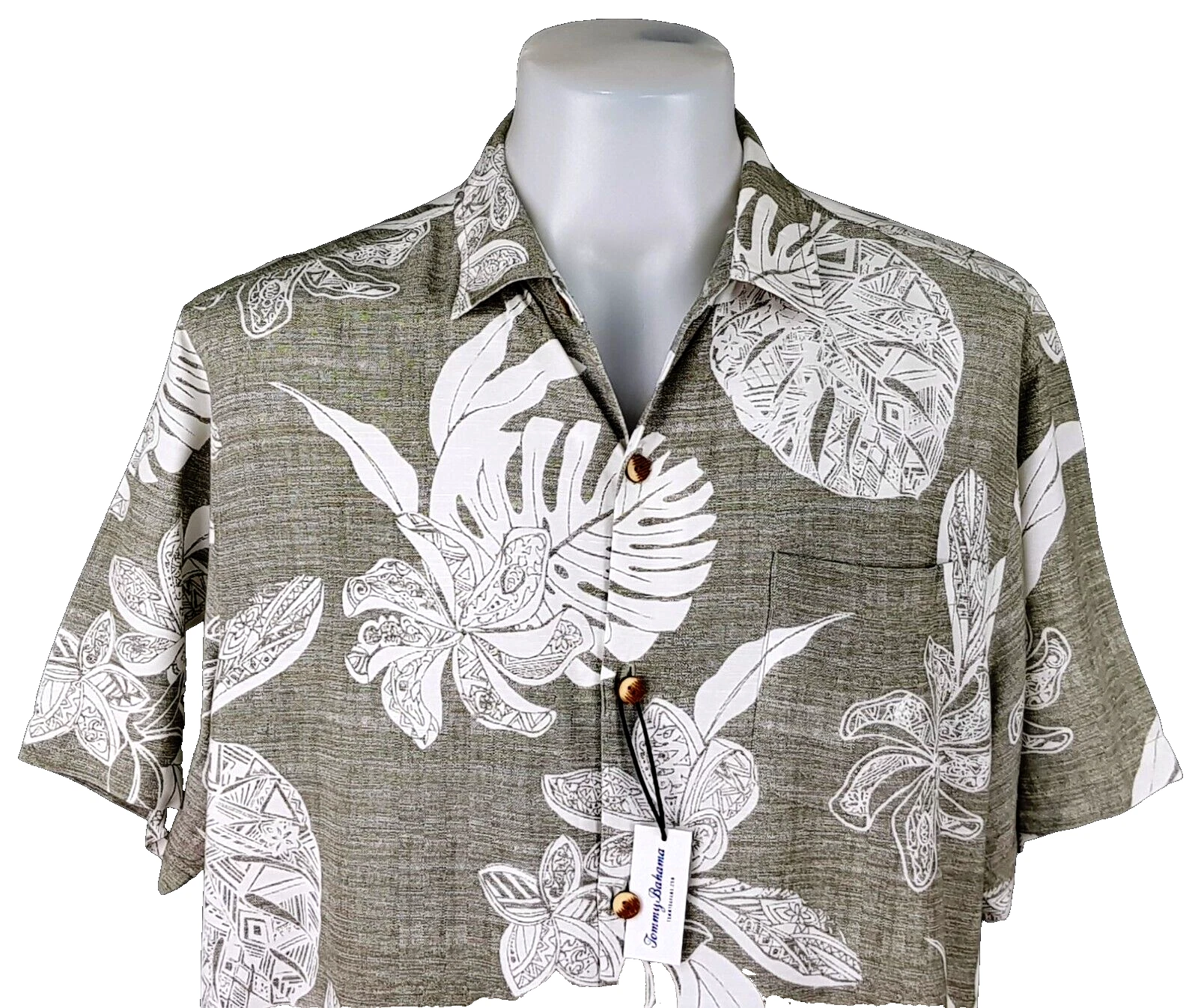 TOMMY BAHAMA Mens 100% Rayon Grey S/S LUXURY HAWAIIAN SHIRT - L - 48" - RRP £109