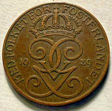 1939 SWEDEN 5 Ore Coin VF