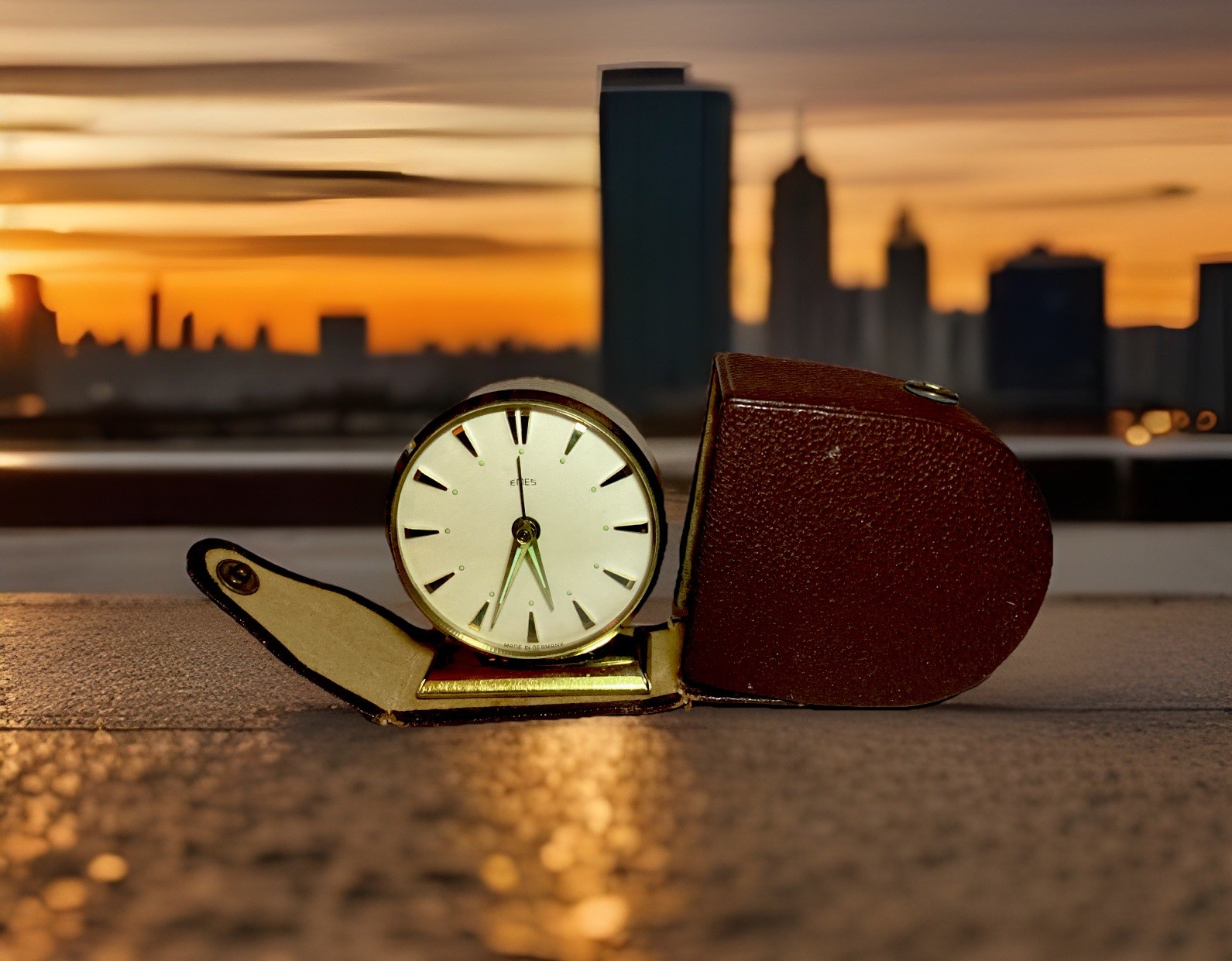 Vintage Emes Wind-Up Travel Alarm Clock w/ Leather Case Illu