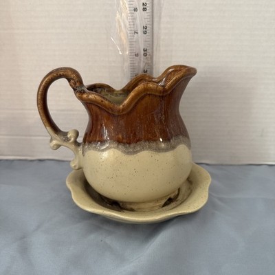 M Vintage Beautiful Brown & Tan Country Pitcher Planter w/Attached Saucer 5''