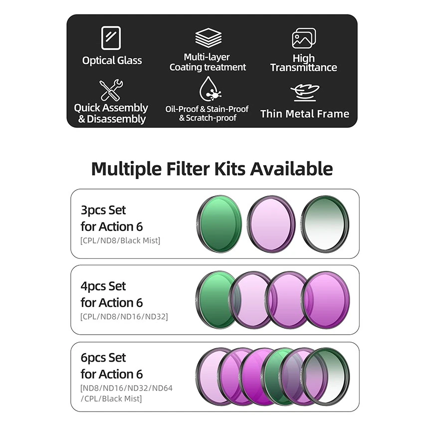 Adjustable CPL ND64 ND8 1/4 Black Mist MCUV Lens Filter Fit For DJI Osmo Action6 - Image 3 of 4