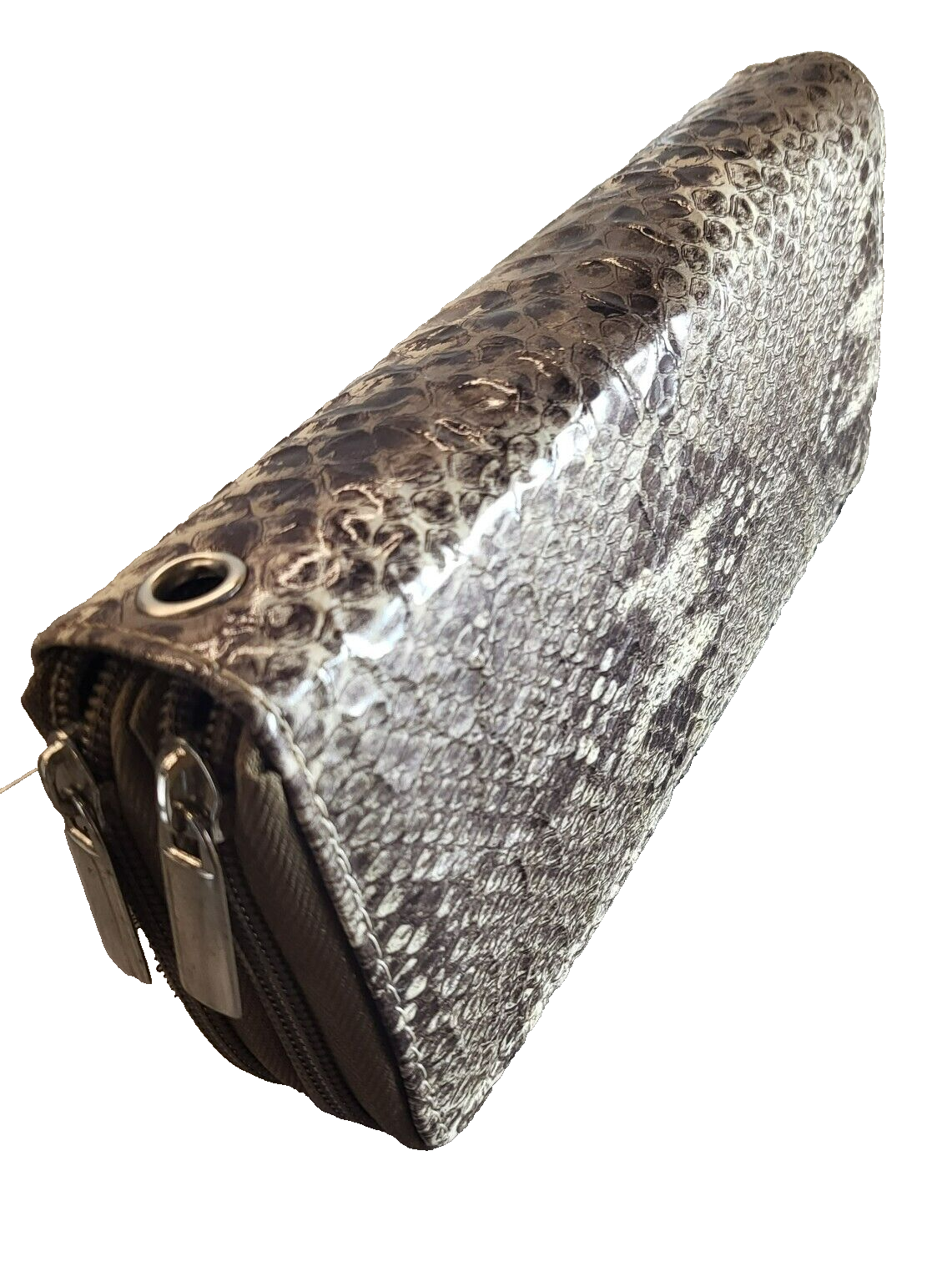 Brown Beige Snake Skin Faux Leather Wallet Clutch with Double Zipper-image