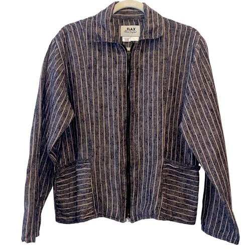 Flax by Jeanne Engelhart Striped Zip Up Linen Jacket