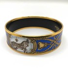 Hermes Enamel Emaile GM Blue x Gold Horse Wide Bangle Bracelet Cloisonné 