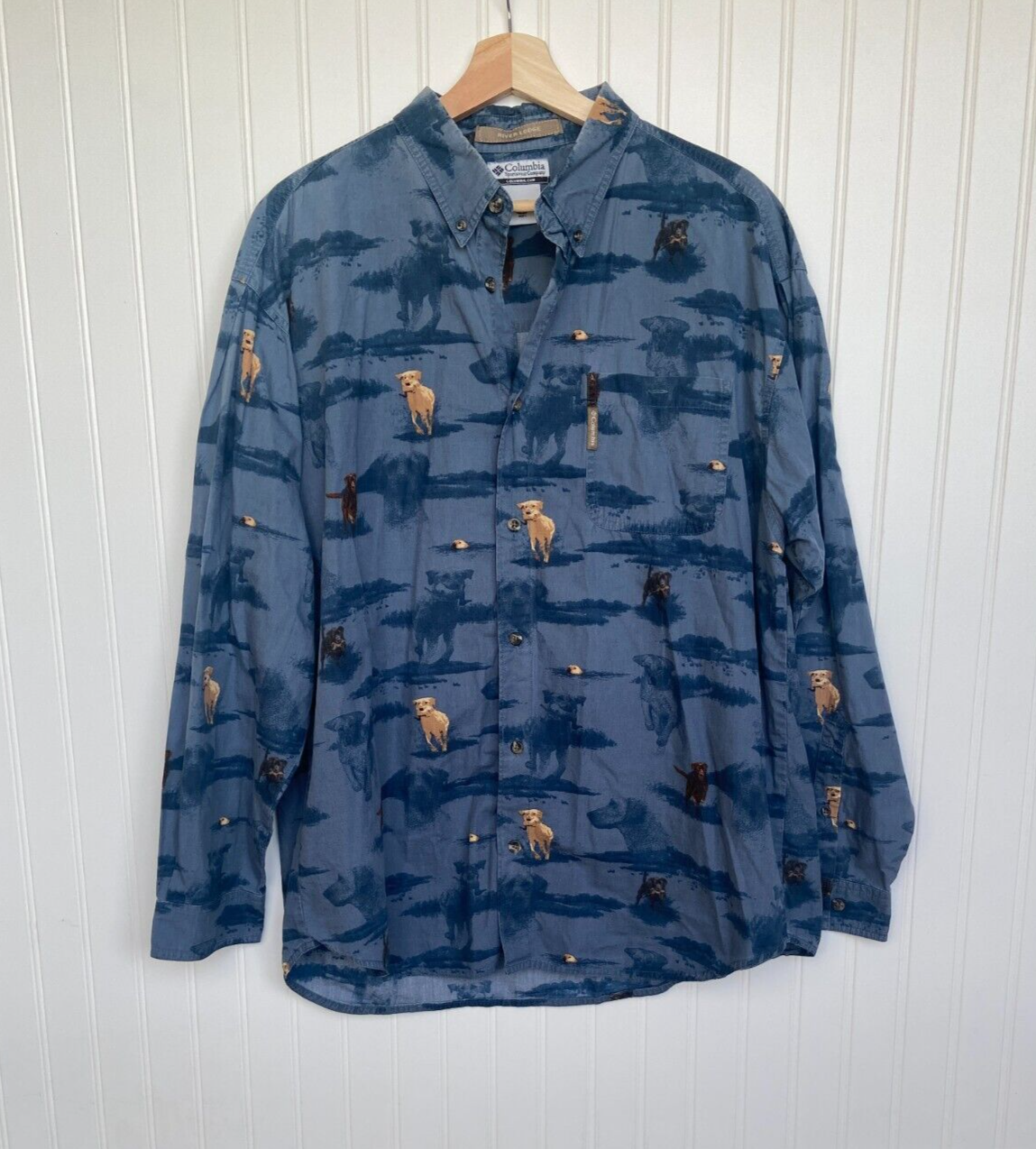 Columbia Button Down Shirt Mens L Large Blue Labrador Retriever Dogs River Lodge