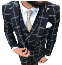 Designer business black checked men's suit sport coat vest pants fitted slim