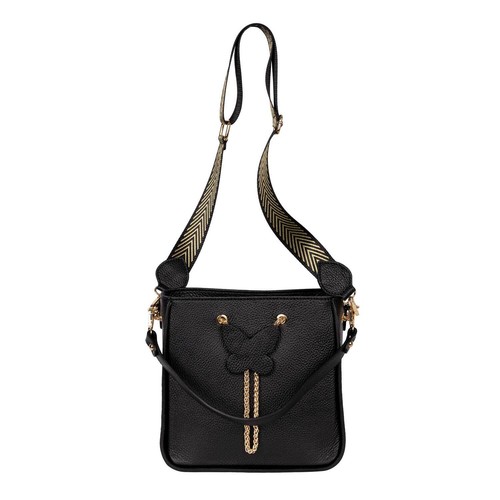 Schultertasche Leder Schwarz Verziert Gold Schmetterling Handbag Leather - Picture 3 of 5
