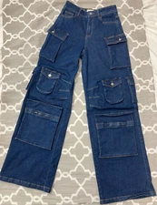 LABIJOU  Womens Multi Pocket Wide Leg Size Small Jeans 11 pockets Festival Ready