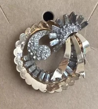 Vtg CRC Charles Reis Co. Gold Filled Crystal Ribbon Round Brooch Pendant Signed