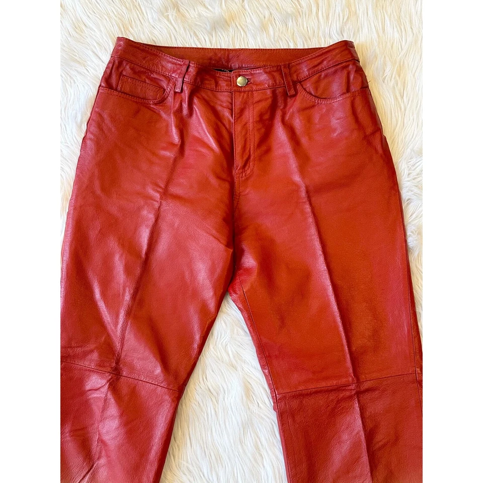 Calça de couro vintage anos 90 ombré vermelha amarela perna reta por estilo Metro, tamanho 8 - Imagem 2 de 4