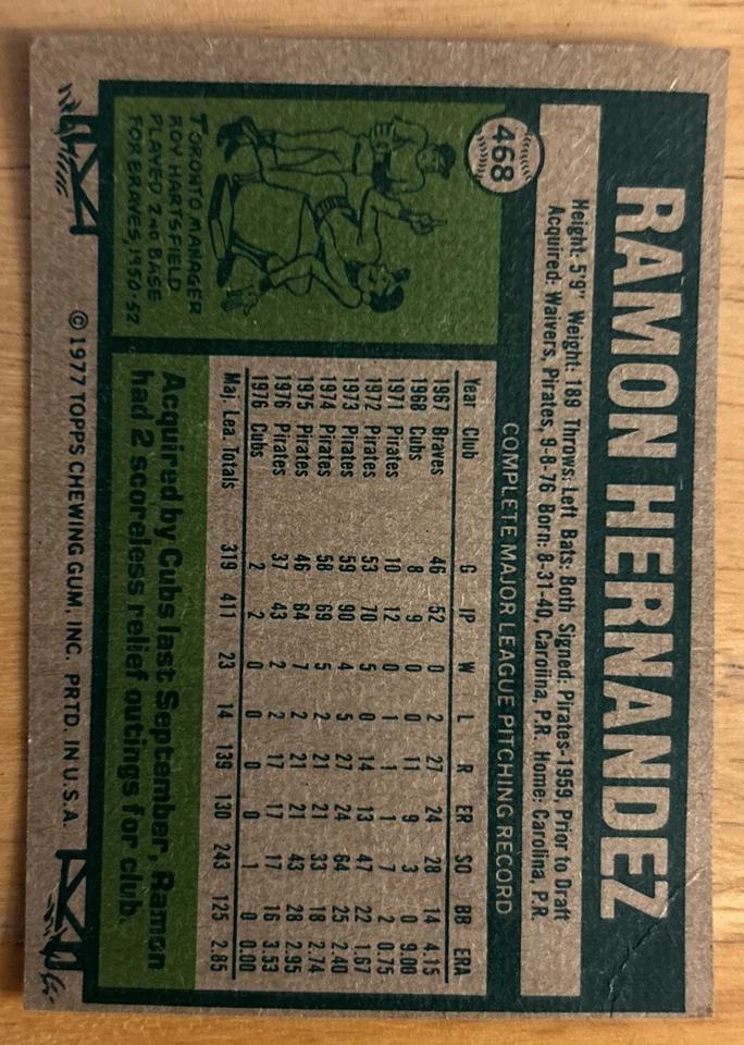 1977 Topps Ramon Hernandez Baseball Card #468 Cubs Pitcher Low-Grade O/C Foto 2 de 2