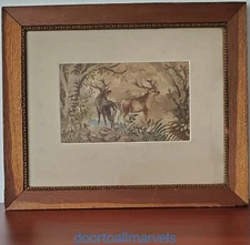 Antique Completed Tapestry Needlepoint Framed Buck Deer Forest Scene Wild Life