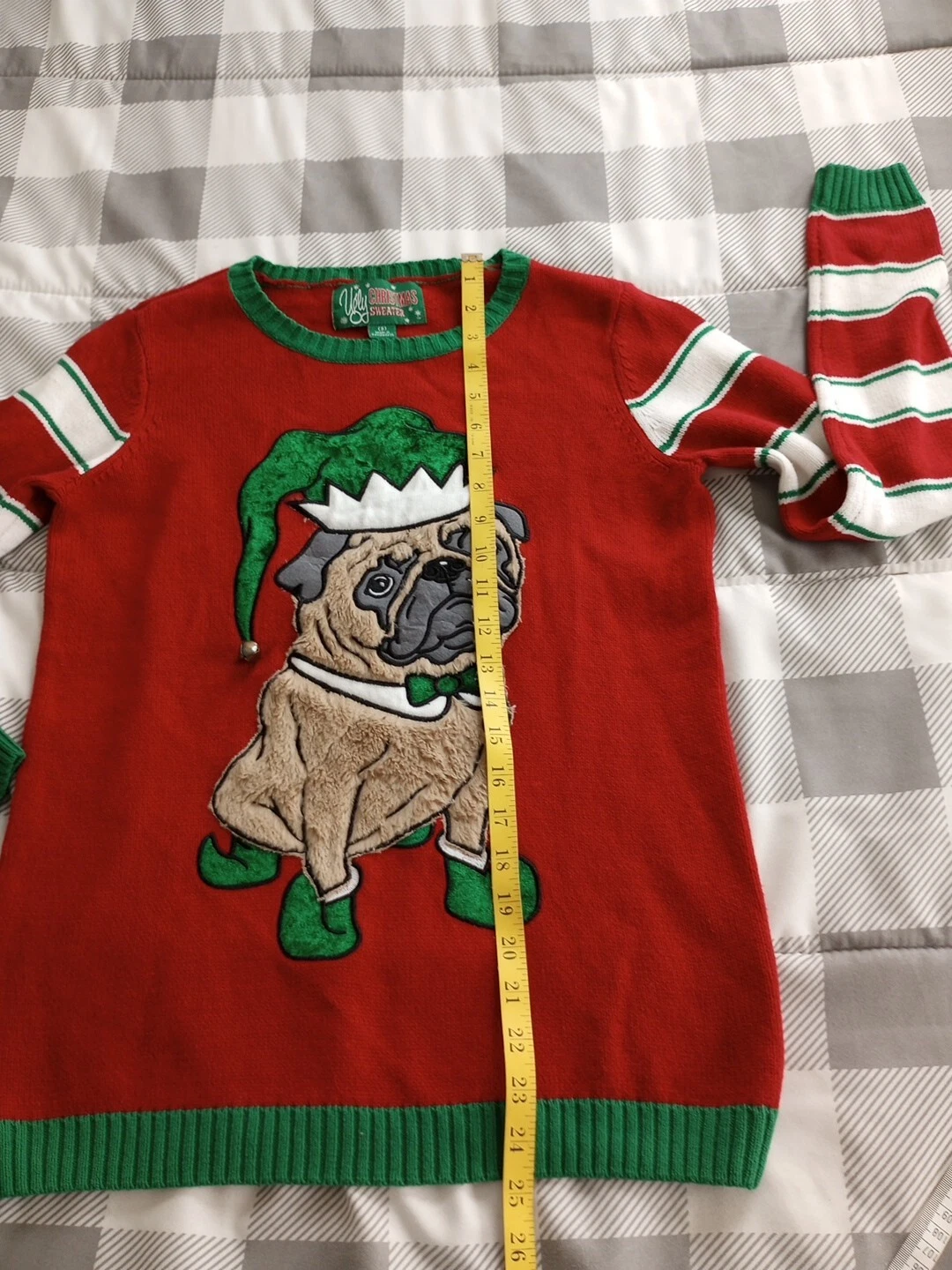 Women's Ugly Christmas Sweater Pug Candy Stripe Small