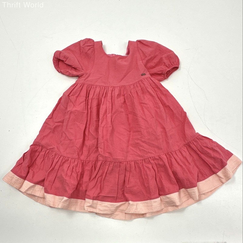 Patachu Girls Pink Textured Cotton Puff Sleeve Tiered Dress Size 5Y