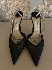 $1095 Jimmy Choo 38 Black Lattice Saeda Crystal Heels Pumps Shoes