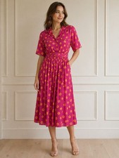 Vintage 1980's Fuchsia Midi Shirt Dress with Belt and Orange Dot Print