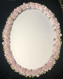 Vintage Wall Art Mirror Victorian Style With Pink Ceramic Roses 1960's, Pristine
