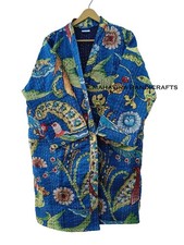 women winter wear peacock Print blue Indian cotton kantha mid length Jacket