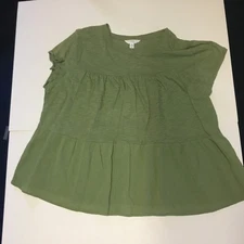 Time and Tru Top Women's XL Round Neck Short Sleeve Pleated Shirt Green