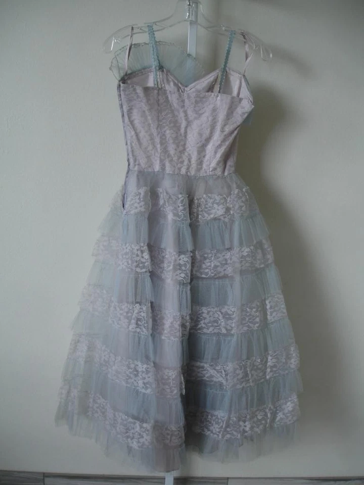 Para Mujer XS De Colección Años 20 Azul Claro Gasa Fiesta Formal Vestido Encaje Transparente Espaguetis Foto 4 de 4