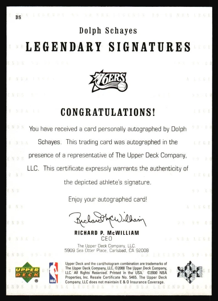 1999-00 Upper Deck Legends Dolph Schayes On Card Auto #DS Syracuse Nationals - Image 2 of 2