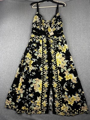 FatFace Phoebe Citrus Floral Midi Dress Womens 10 Black EcoVero Button Front NWT