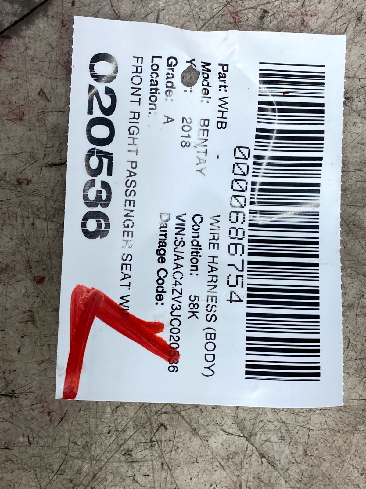 2016-2020 BENTLEY BENTAYGA FRONT RIGHT PASSENGER SEAT WIRE HARNESS 36A971366CE