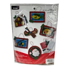 Bucilla “LODGE SANTA” Fishing Fish Cabin Christmas 6 Felt Ornament Kit NEW