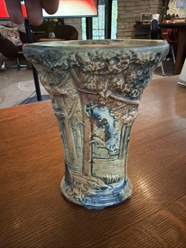 Antique 1915 WELLER Art Pottery FOREST 8" Flared VASE Path BLUE Brown Cracked