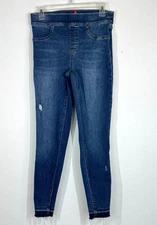 Spanx Jeans Denim Jeggings Sz M Pull On Raw Hem Distressed Medium Wash