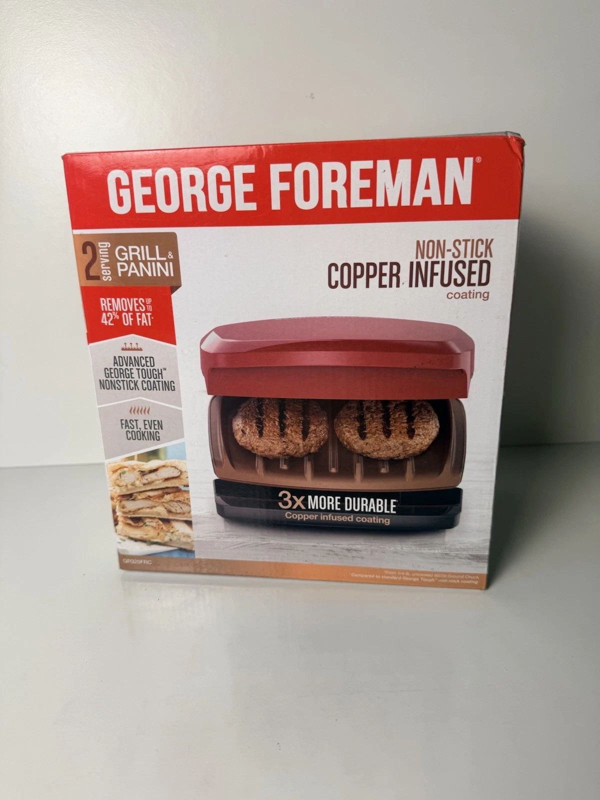 George Foreman Grill & Panini Model GR320FRC Non-Stick Copper Coating, 2 Serving