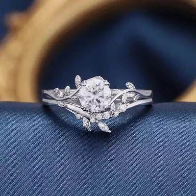 1.50 Ct Round Cut Moissanite Twig Bridal Set Engagement Ring 925 Sterling Silver