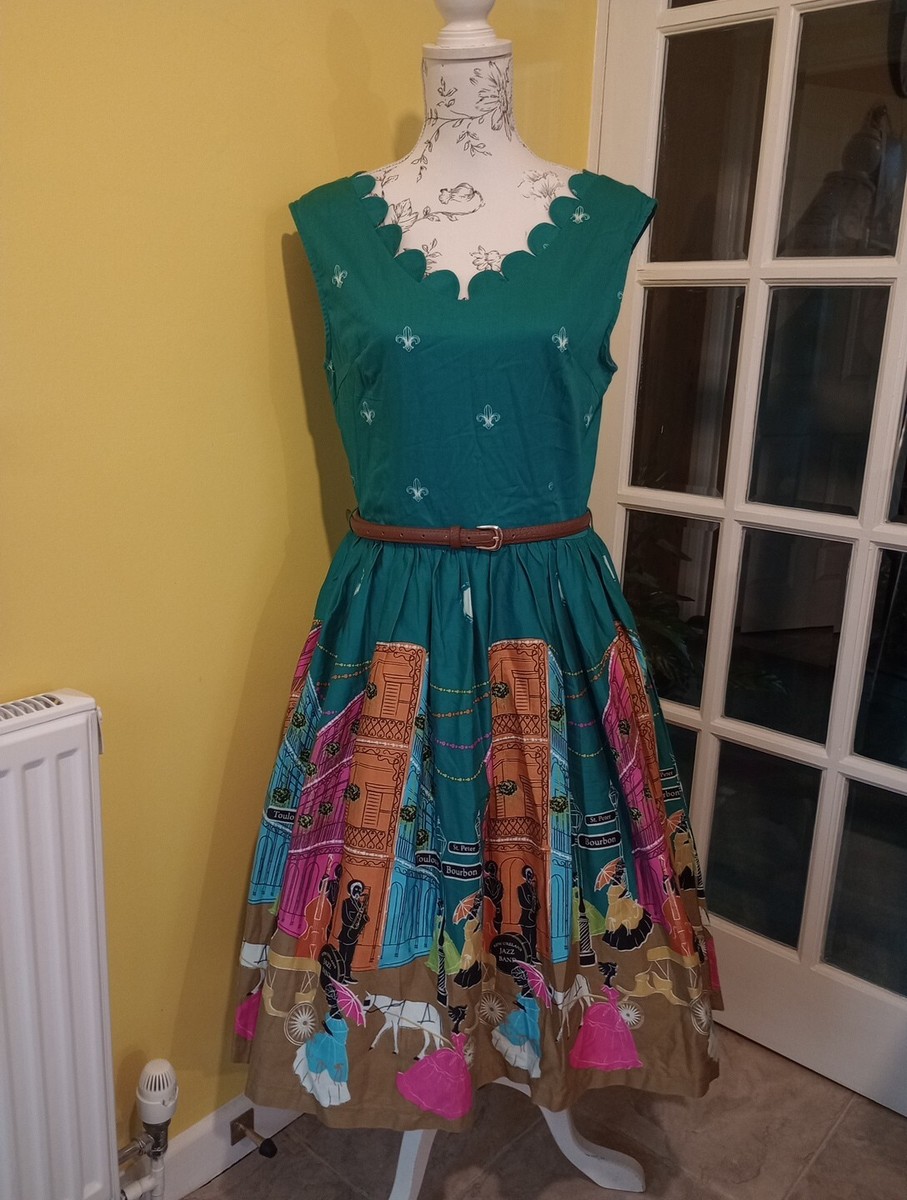Lindy Bop Daria New Orleans Print Swing Dress UK Size 10-12 (US Size 6-8)