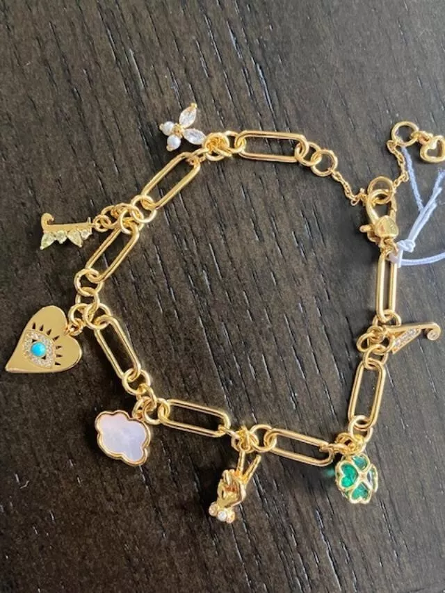 NWT Kate Spade Jewelry Gold tone Wishes Clover lucky Chain Heart Charm  Bracelet