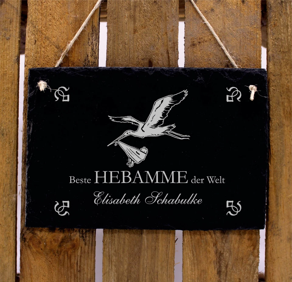 Beste Hebamme Schild Schiefertafel mit Wunschnamen Storch Baby Motiv 22x16 cm ❤️ - Bild 2 von 4