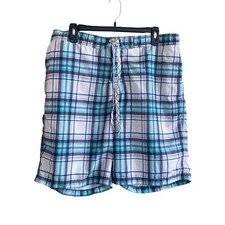 Merona Swim Trunks Board Shorts White Blue Plaid Men L