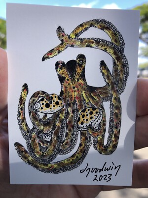 ACEO, PRINT Of My Watercolor Art, Day Octopus, He e, Leho, Tiger Cowrie Shell