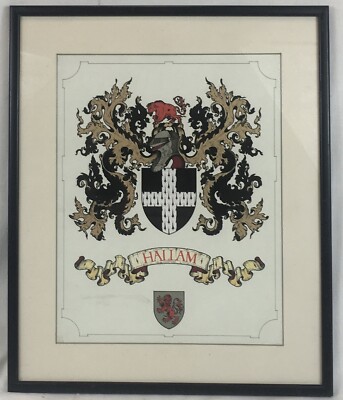 Original ''Hallam'' Familienwappenschild, heraldisches Wappen, Aquarell, Sheffield