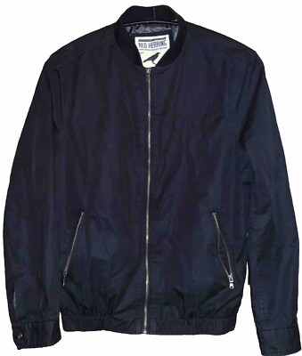 Mens Medium 42” BOMBER~JACKET 100% Cotton BLACK Lightweight Zip COAT  RED~HERRING UK