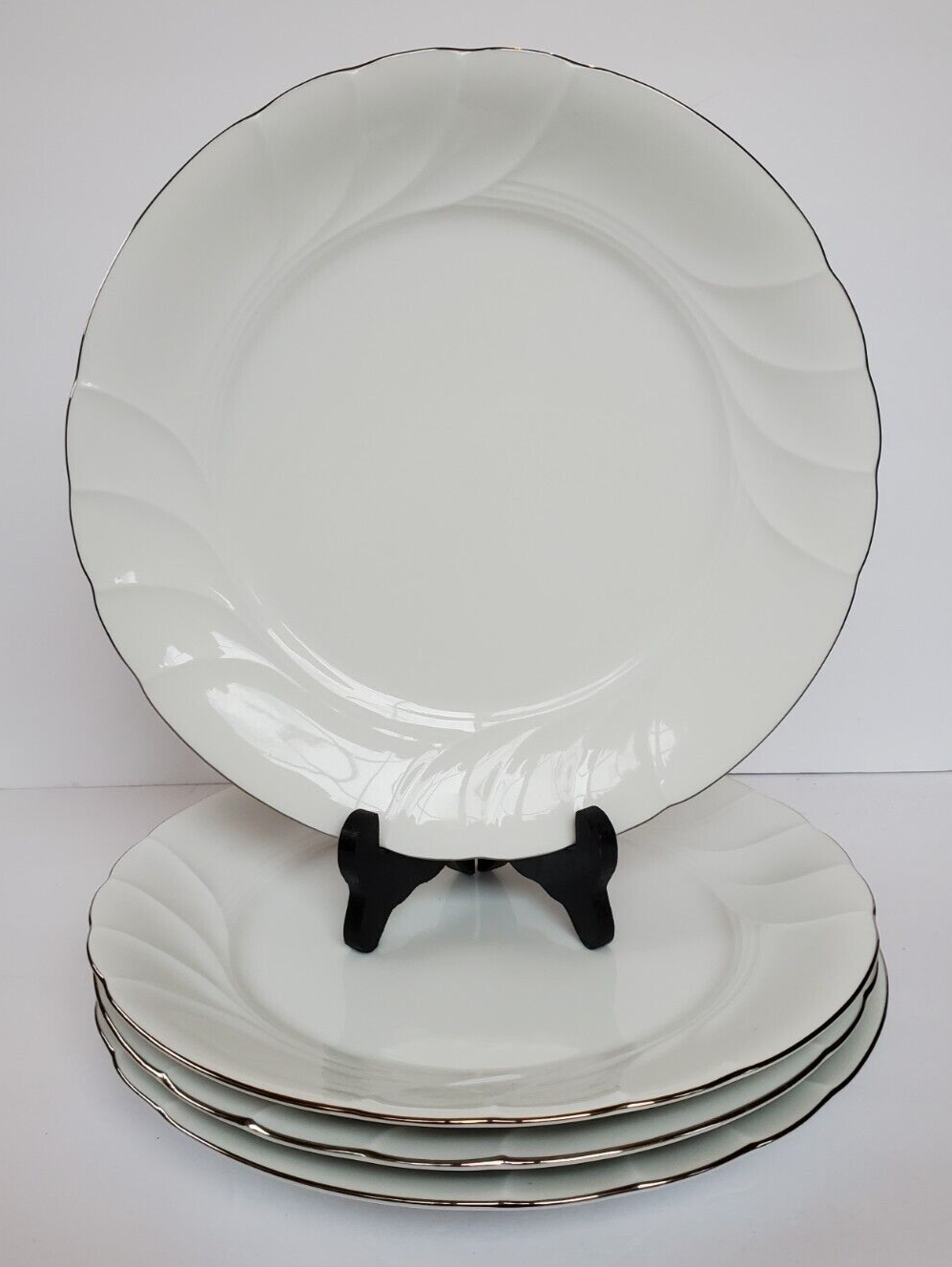 Mikasa Wedding Band Dinner Plates/Platinum Rim/Swirl/Set Of 4 Fine China #L9706-image