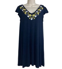 Loft Ann Taylor Size S Womens Dress Embroidered Floral Knit Black Yellow  V-Neck