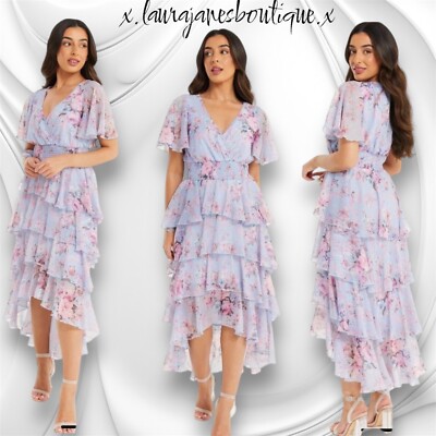 Quiz size 14 Blue Petite Chiffon Floral Dip Hem Tiered Midi Dress BNWOT