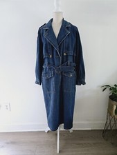 Together Vintage Denim Jean Cargo Belted Trench Jacket Coat Long Maxi Dress 6 S