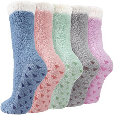 Slipper Socks for Women Warm Fuzzy Socks Winter Cozy Socks for Women 5 Pack Soli
