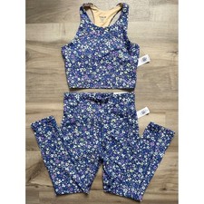 NWT Old Navy Active Girls Powersoft Floral Leggings & Crop Top Set Blue L 10-12
