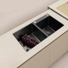 Double-Bowl Kitchen Sink, Multifunctional Overmount Stainless Steel Sink, Black