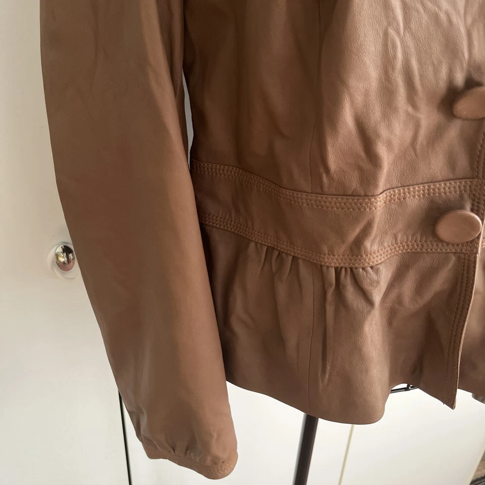 AUTÓGRAFO DE MARKS & SPENCER - Chaqueta de cuero real color tostado peplum suave talla 12/14 Foto 4 de 4