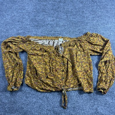 Mason & Bell Yellow Floral Off-the-Shoulder Cropped Blouse Button Tie M