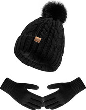 Winter Beanie Hat Gloves Set for Women, Pom Pom Fleece Lined Hat Knit Touchscree